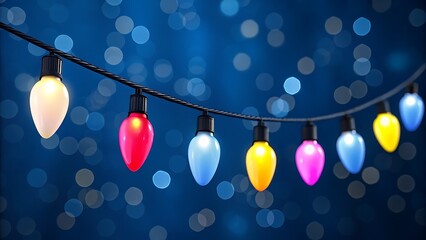 Close up of colorful string lights glowing against a dark blue bokeh background