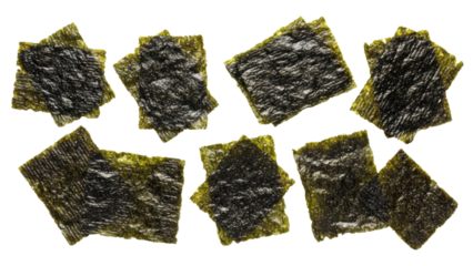 Crispy seaweed snacks isolated on white background showcasing the natural texture and vibrant green hue ideal for healthy eating conceptualization