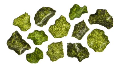 Crispy seaweed chips offer a delightful and healthy snack option showcasing their distinct texture and vibrant color against a clean white background
