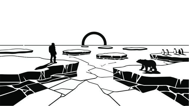 Solitary explorer observes a polar bear and penguins in a vast, icy, desolate landscape under a stark, minimalistic sun.