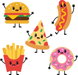Cute cartoon fast food characters including burger, pizza slice, hot dog, fries, and donut with happy faces and playful expressions