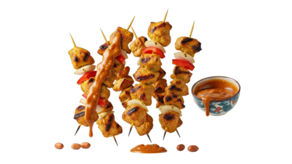 Delicious Chicken Satay Skewers Drizzled with Peanut Sauce Served with a Bowl of More Sauce Against a Pristine White Canvas