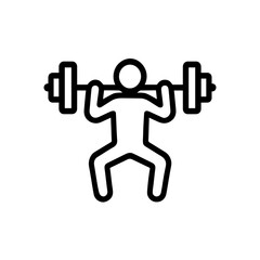 A minimalist black and white icon depicting a person performing a barbell squat, shown in simple lines to represent strength training, fitness, and proper exercise form.