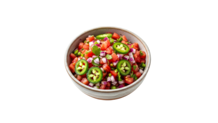 Fresh salsa brimming with diced tomatoes, red onions, jalape?os, and cilantro, served in a handcrafted bowl against a pristine white backdrop