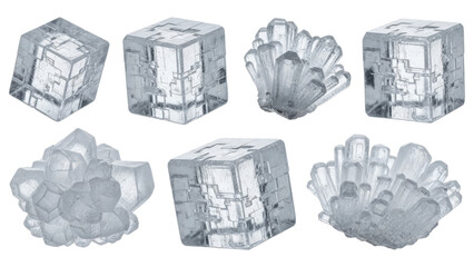 Arrangement of crystalline mineral formations exhibiting cubic and clustered structures in a clear, scientific display emphasizing geometrical forms