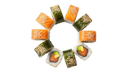 Vibrant circle of salmon sushi rolls adorned with toasted sesame seeds against a stark white backdrop, promoting culinary elegance and freshness,