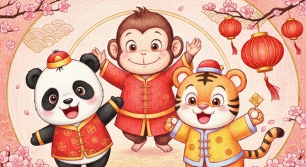 Naklejka premium Charming Cartoon Characters Celebrating Chinese New Year Festivities