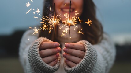 Joyful young woman smiling while holding bright sparkling sparklers outdoors on a cool evening