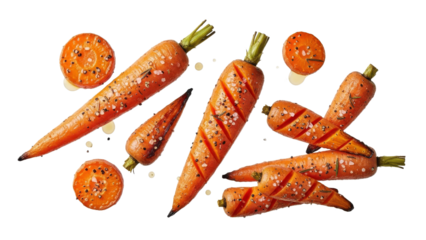 Grilled carrots with herbs and salt, arranged aesthetically on a white surface, creating a vibrant culinary composition perfect for food blogs