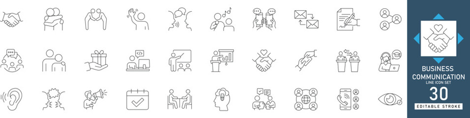 Business communication line icons featuring interpersonal soft skills, discussion, teamwork, meeting, and interaction vector symbols.
