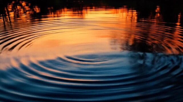 Circular water ripples with sunset reflections on liquid surface