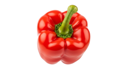 Vibrant red bell pepper stands proudly on a stark white backdrop highlighting its smooth, glossy surface and intricate contours of the pepper body
