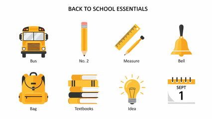 Back to school essentials checklist featuring bus pencil ruler bell bag books lightbulb and calendar © Agung