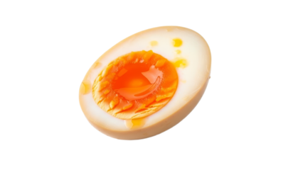 Halved marinated egg showcasing a soft yolk and tinted white, presented on a pure background displaying intricate textures and delicate culinary