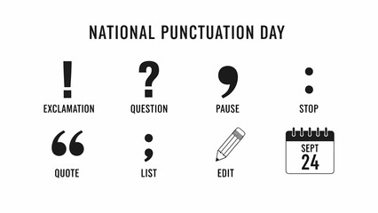 Graphic celebrating National Punctuation Day featuring symbols and calendar date September 24
