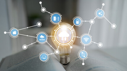 This image captures the essence of cloud technology intertwined with networking concepts, symbolized by a glowing light bulb that signifies innovation and creativity. Crux