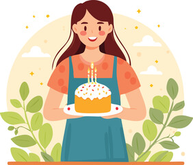 Smiling Woman Holding Homemade Birthday Cake with Candles
