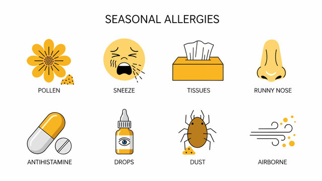 Infographic illustrating seasonal allergy symptoms triggers and treatments with icons