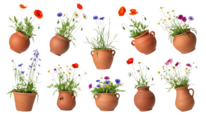 Assortment of Vibrant Wildflowers in Terra Cotta Pots on White Backdrop Depicting Garden Decor and Natural Beauty