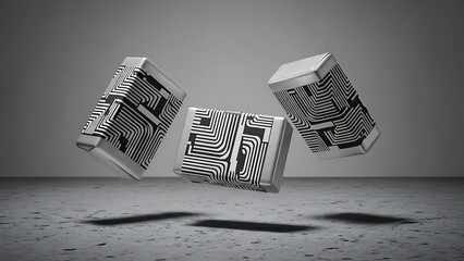 Abstract 3D Render of Floating Cubes with Circuit Board Patterns on a Concrete Background.