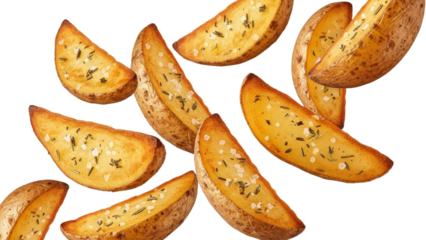 Delicious Oven-Baked Potato Wedges with Herbs and Sea Salt on Pure White Backdrop Showcasing Rustic Charm