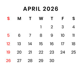 April 2026 Calendar png transparent background	