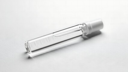 Clear Glass Perfume Sample Vial on White Background.