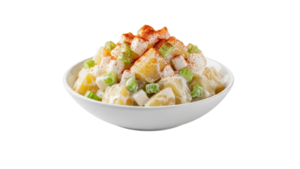 Classic potato salad with creamy dressing, celery, eggs and a touch of paprika served in a white bowl against a clean white background