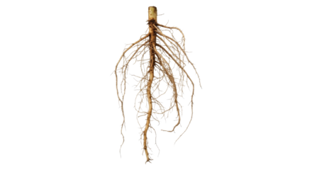 Isolated root system of a plant, showcasing its intricate network and natural textures against a clean white background, ideal for botanical studies