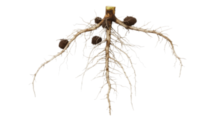 Close-up detailed isolated depiction showcasing intricate root system of a plant with visible root nodules against clean background