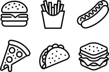 Minimalist black and white fast food icons set, burger, fries, hot dog, pizza slice, taco and sandwich line art