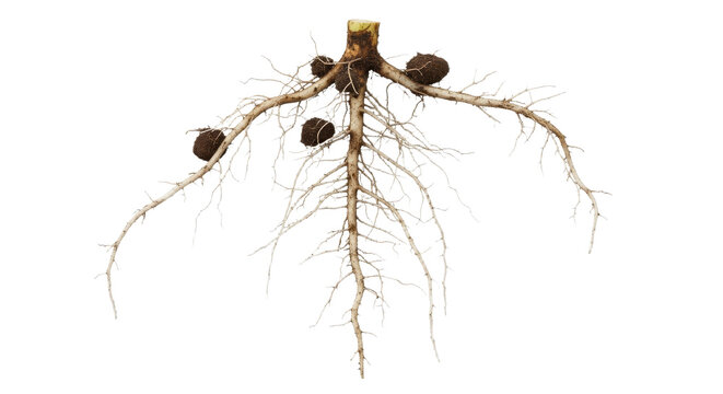 Close-up detailed isolated depiction showcasing intricate root system of a plant with visible root nodules against clean background
