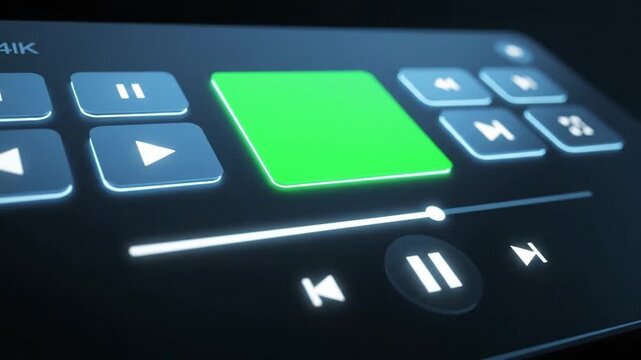 Digital media player interface with glowing green screen and playback controls on dark background