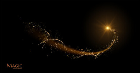 Golden shiny spiral line effect with magic dust particles effect flying around. Vector background. © Saibarakova Ilona