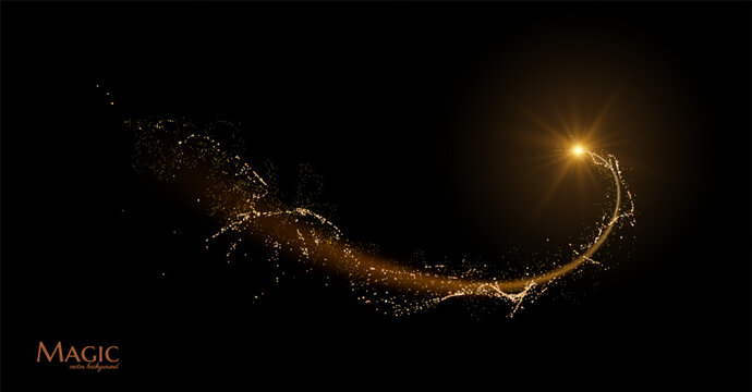 Golden shiny spiral line effect with magic dust particles effect flying around. Vector background.