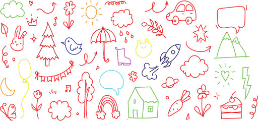 hand drawing collection  colorful line-art doodles featuring various icons and elements in a whimsical, childish style. 