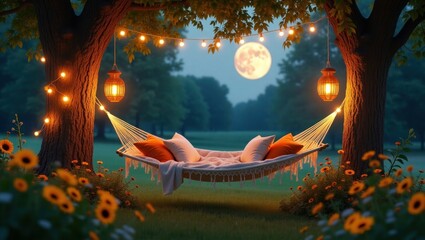 Cozy Moonlit Hammock with Warm Lantern Lights and Sunflowers &ndash; Peaceful Night Garden Scene