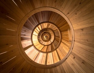 Bird's-eye view of a wooden spiral staircase, light shining through