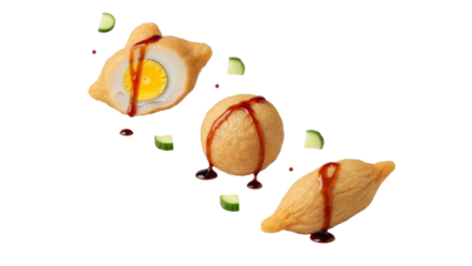 Exquisite Flying Fishcakes Presentation with Sliced Cucumbers and Delicious Sauce on a White Backdrop