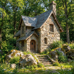 Enchanted Stone Cottage in a Sunlit Forest with Mossy Rocks, created with Generative AI Technology, ai, generative