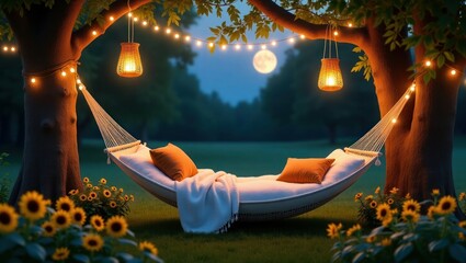 Cozy Moonlit Hammock with Warm Lantern Lights and Sunflowers &ndash; Peaceful Night Garden Scene