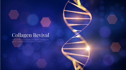 Glowing golden DNA strand intertwined with collagen molecules. Represents next-generation skincare genetic research and luxury anti-aging cosmetic solutions. Science and beauty technology.
