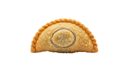 Golden Delight: Close-Up of a Fried Curry Puff Pastry Perfection on a Pristine White Backdrop, Showcasing Culinary Artistry