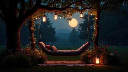 Enchanted Outdoor Bed With Lanterns and Soft String Lights