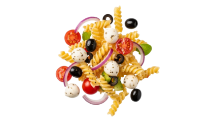 Mediterranean pasta salad with colorful ingredients, perfect for a refreshing and appetizing meal with mozzarella cheese and olives creating a