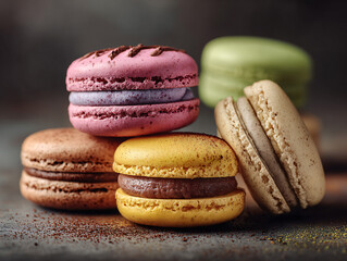 Colorful French Macarons Stack on Dark Background Assorted Flavors Gourmet Dessert