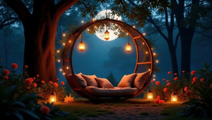 Enchanted Outdoor Bed With Lanterns and Soft String Lights