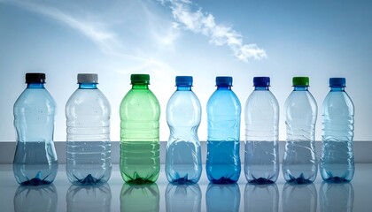 Naklejka premium Assortment of plastic water bottles displayed against a bright sky