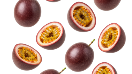 Exotic passion fruits on white background representing freshness with vibrant colors and enticing visual texture perfect for culinary-themed content