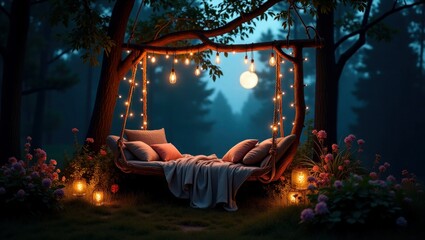 Enchanted Outdoor Bed With Lanterns and Soft String Lights